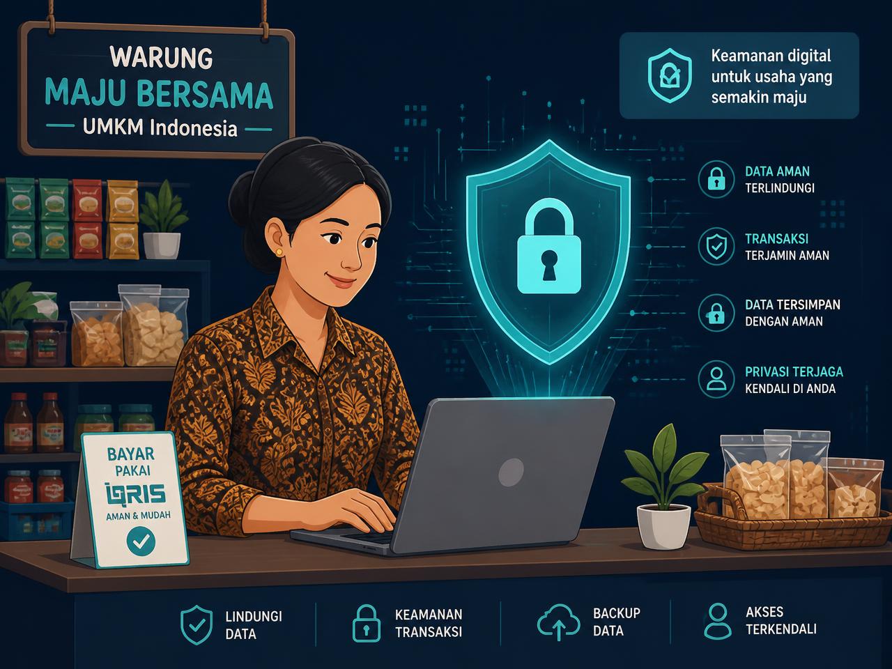 Pemilik UMKM Indonesia bekerja dengan laptop dilindungi perisai digital